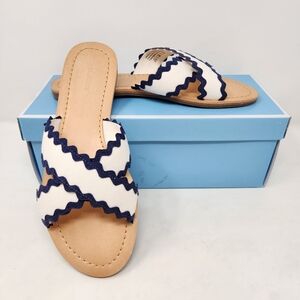 DRAPER JAMES White Blue Piper Slides Sandals Size 8.5 Summer Preppy